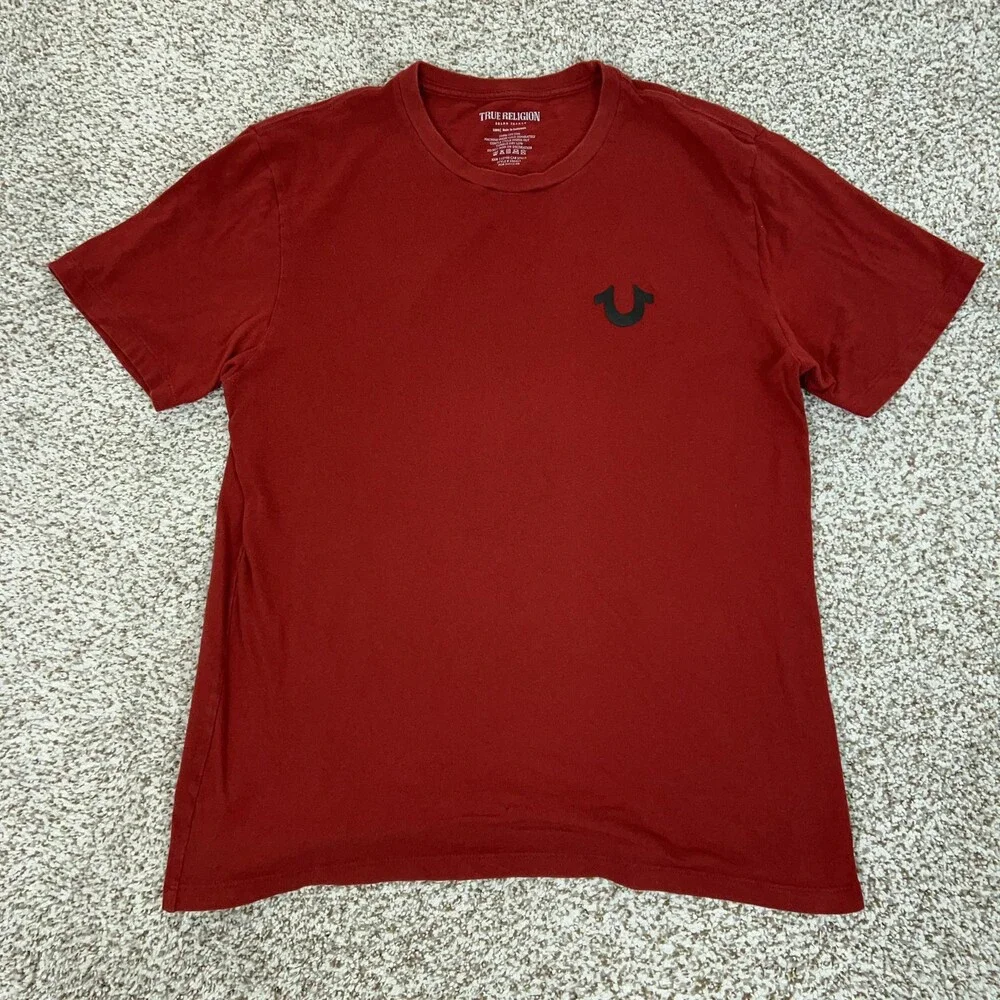 True Religion Shirt Mens Large Red Buddha Graphic Horseshoe Logo Style‎ 106622